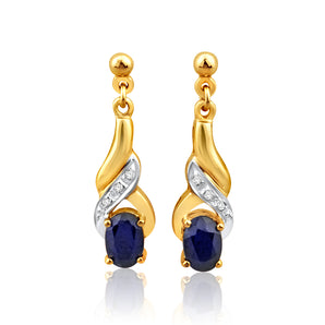 9ct Alluring Yellow Gold Natural Sapphire and Diamond Drop Earrings