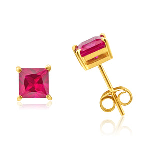 9ct Yellow Gold Created Ruby 5mm Princess Cut Stud Earrings