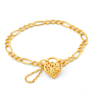 9ct Yellow Gold Silver Filled 19cm Fll Heart Figaro Bracelet