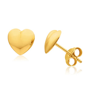 9ct Yellow Gold Puff Heart Stud Earrings