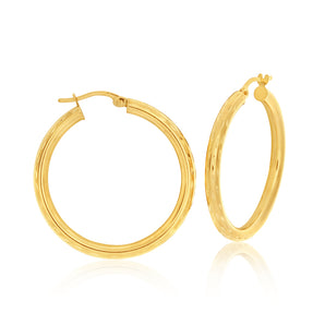 9ct Yellow Gold Diamond 25mm Cut Hoop Earrings