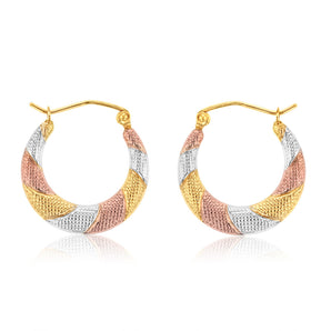 9ct Yellow, Red And White Gold Three Tone Textured Creole Hoop Earrings