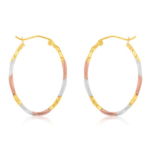 9ct Yellow, Rose, White Three Tone Twist Tube Hoop Earrings