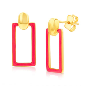 9ct Yellow Gold Pink Enamel Rectangle Drop Earrings