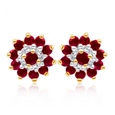 9ct Yellow Gold Natural Ruby and Diamond Flower Cluster Stud Earrings