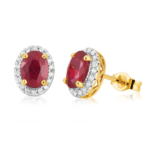 9ct Yellow Gold Natural Enhanced/Treated Ruby and Diamond Stud Earrings