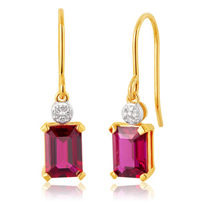 9ct Yellow Gold Created Ruby 7x5mm and Diamond Drop Earrings