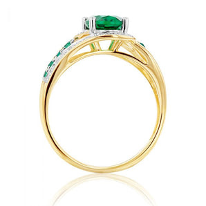 9ct Yellow Gold 8x6mm Created Emerald and Diamond Ring