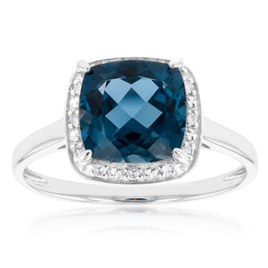 9ct White Gold 8mm 2.70ct London Blue Topaz and Diamond Ring