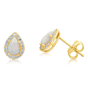 9ct Yellow Gold Opal And Cubic Zirconia Pear Shaped Stud Earring