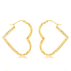 9ct Yellow Gold Silverfilled Diamond Cut Heart Hoop Earrings