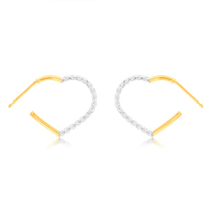 9ct Yellow Gold Silverfilled Two Tone Heart 3/4th Hoop Earrings