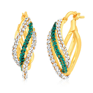 9ct Yellow Gold Silverfilled Green And White Crystal Triple Hoop Earrings