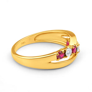 9ct Yellow Gold Created Ruby x 4 and Diamond x 4 Ring