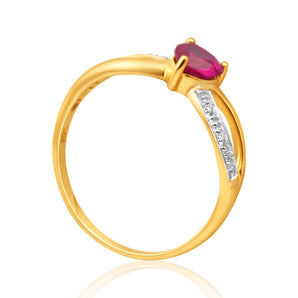 9ct Yellow Gold Alluring Heart Created Ruby + Diamond Ring