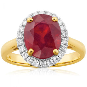 9ct Yellow Gold Diamond + Natural Enhanced/Heat Treated Ruby Ring