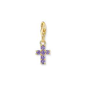 THOMAS SABO Gold Cross Charm Pendant with Amethyst-Coloured Stones