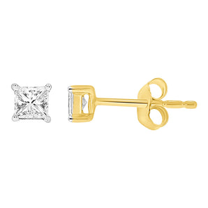 9ct Yellow Gold 1/5 Carat Princess Diamond Stud Earrings