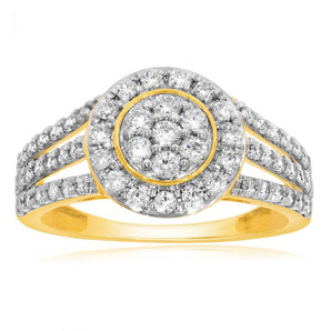 9ct Yellow Gold 1 Carat Diamond Round Shape Cluster Ring