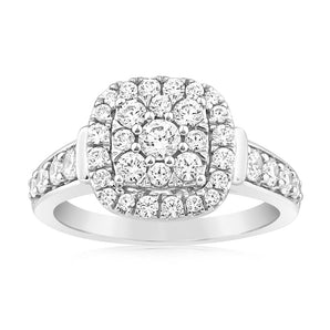 0.95 Carat Diamond Cushion Cluster Ring in 14ct White Gold