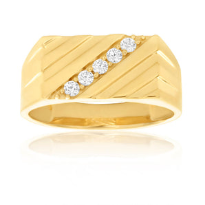 9ct Yellow Gold Diagonal Channel Set Cubic Zirconia Gents Ring