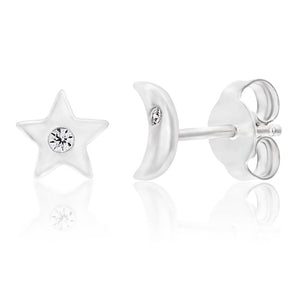 Sterling Silver Cubic Zirconia Moon and Star Stud Earrings