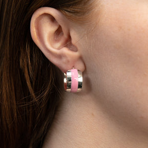 Sterling Silver Pink Enamel On Wide Hoop Earrings