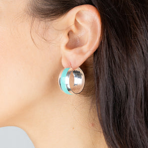 Sterling Silver Aqua Enamel On Broad 23mm Hoop Earrings