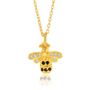 Sterling Silver Gold Plated Honey Bee Black & White Zirconia Pendant With 45cm Chain