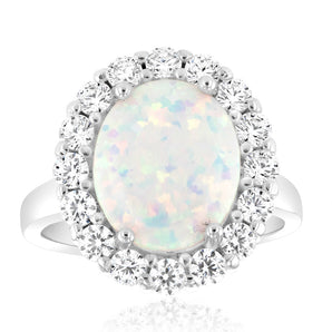 Sterling Silver Zirconia And Created Opal Oval Ring