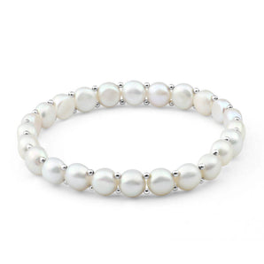 White Freshwater Flat Pearl Stretch Bracelet with Sterling Silver Beads
