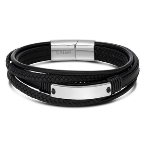 Stainless Steel and Leather Gents Magnetic Black Leather Bracelet with I.D. Plate