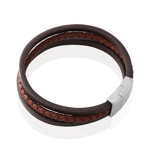 Stainless Steel 3 Band Woven Plait and Plain Strap Leather Bracelet
