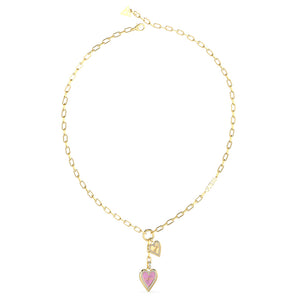 Guess Stainless Steel Gold Plated Pink Double Heart Pendant On 16-18 Chain