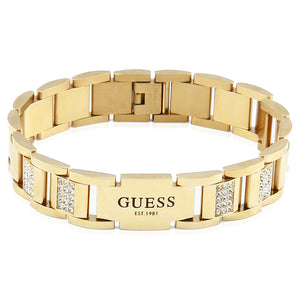 Guess Mens Jewellery Stainless Steel Gold Plated 15mm Flat Chain White CZ Bracelet