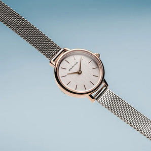 Bering Classic 26mm Rose Gold Silver Milanese Strap Watch