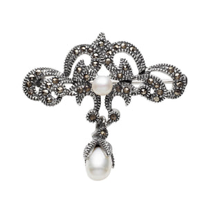 Ice Jewellery Sterling Silver And Marcasite And Pearl Antique Style Brooch - BH124 | Ice Jewellery Australia