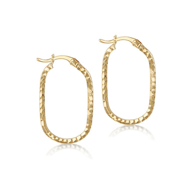 9K Yellow Gold Hollow Diamond-Cut Med Oval Hoop Earrings