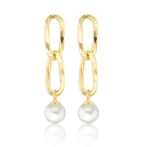 9K Yellow Gold Double Link Freshwater Pearl Drop Earrings