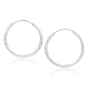 9ct White Gold Hoop Earrings in 15mm with diag line feature