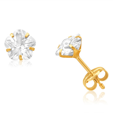 9ct Yellow Gold Cubic Zirconia 5 Claw Stunning Flower Stud Earrings
