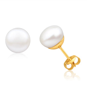 9ct Yellow Gold 8mm White Freshwater Pearl Stud Earrings