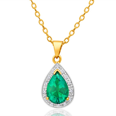 9ct Yellow Gold Created Emerald and Diamond Pendant