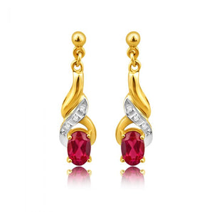 9ct Alluring Yellow Gold Created Ruby + Diamond Drop Earrings