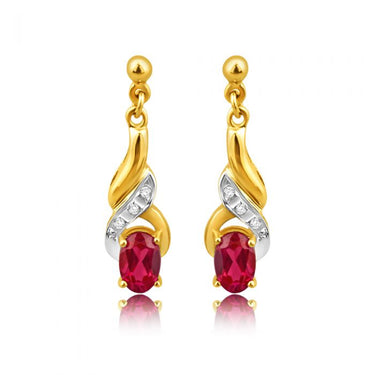 9ct Alluring Yellow Gold Created Ruby + Diamond Drop Earrings