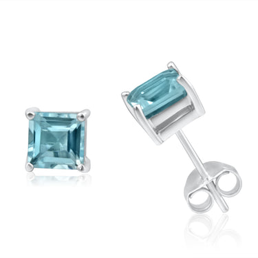 9ct White Gold 5mm Princess Cut Blue Topaz Stud Earrings