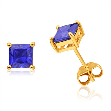 9ct Yellow Gold Created Sapphire 5mm Princess Cut Stud Earrings