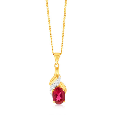 9ct Delightful Yellow Gold Created Ruby 8x6mm + Diamond Pendant