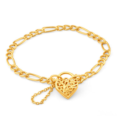 9ct Yellow Gold Silver Filled 19cm Fll Heart Figaro Bracelet