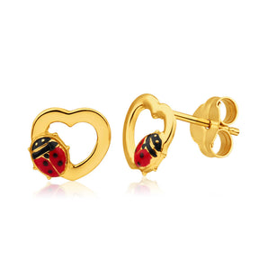 9ct Yellow Gold Ladybird Heart Stud Earrings